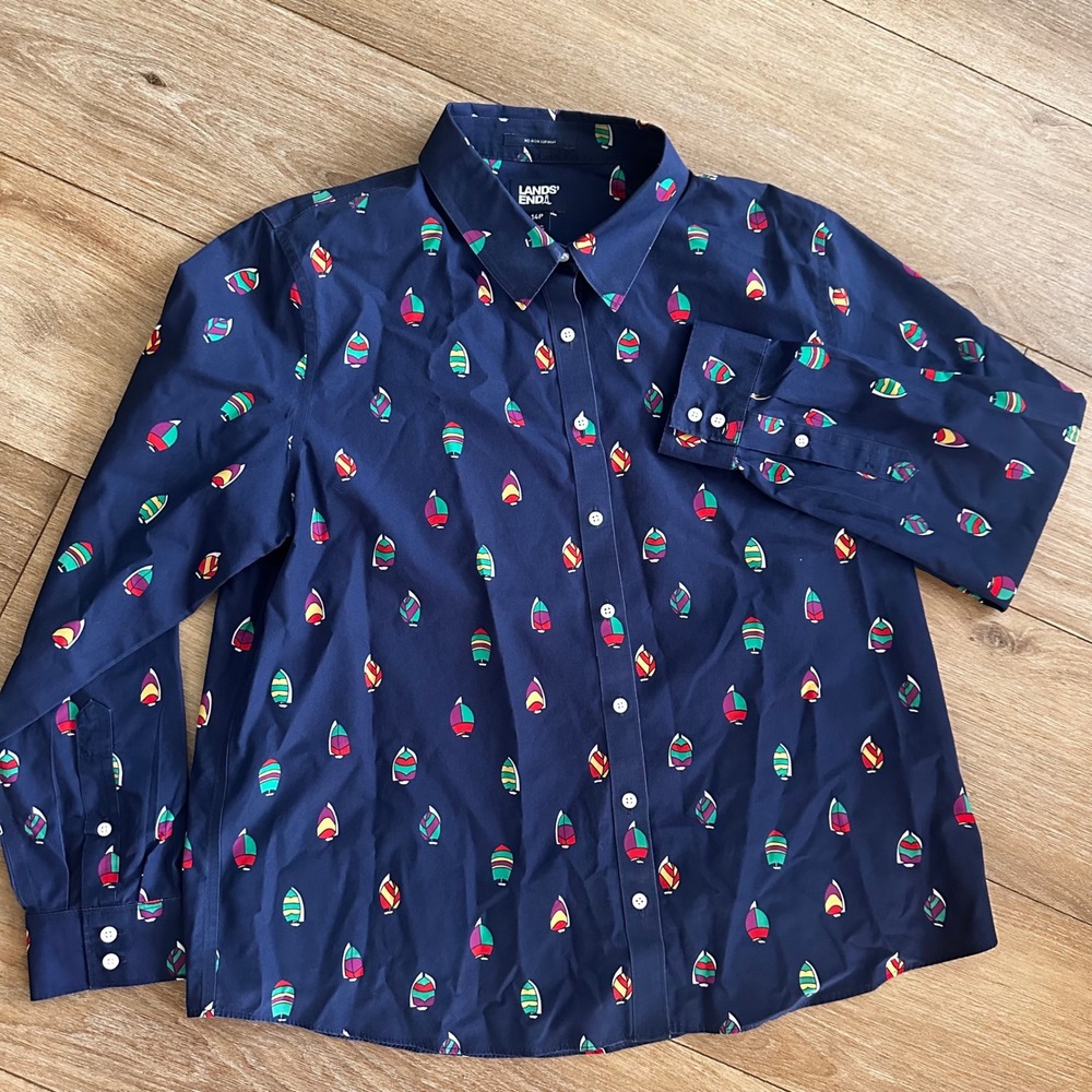 Lands End No Iron‎ Supima Cotton Sailboat Print Shirt Navy Blue Womens 14P L